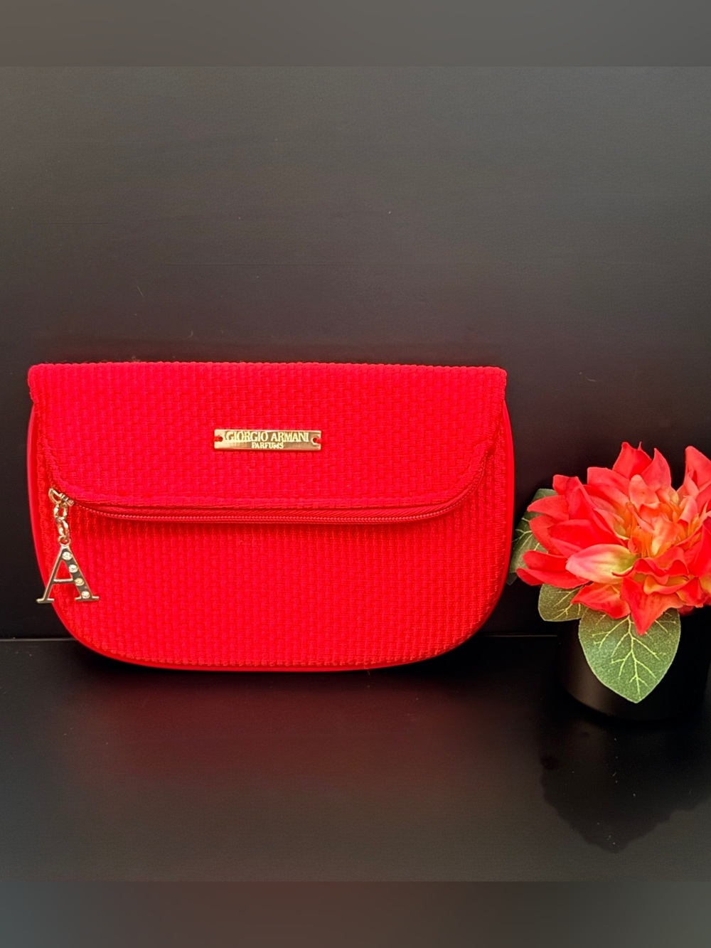 NWOT Giorgio Armani Red Makeup Bag Cosmetic Pouch Travel Case Gold Hardware